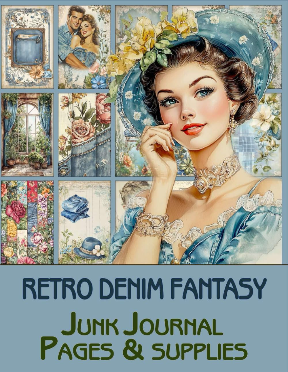 Retro Denim Fantasy Junk Journal Pages & supplies: for Scrapbooking, Collage and Paper Crafts, Art Journaling