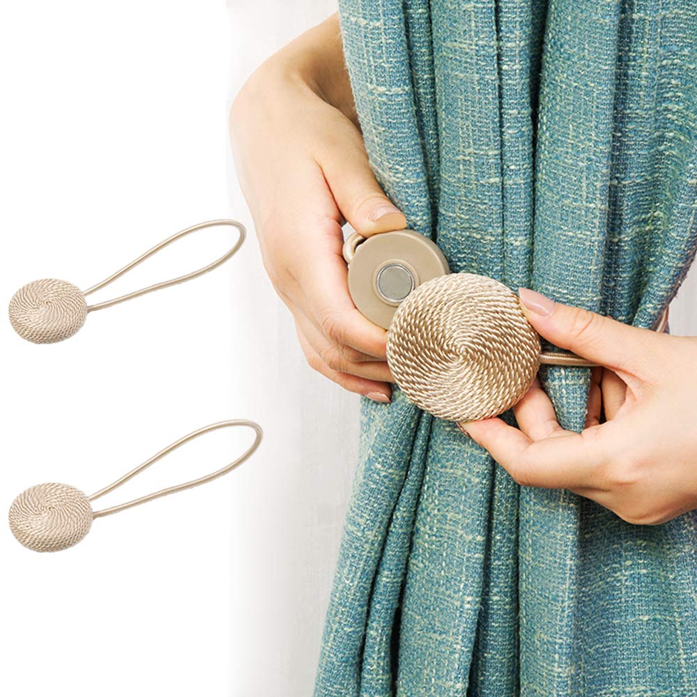 MeGaLuv Pack of 2, Magnetic Curtain Tiebacks Straps Window Tie Backs Holders, Decorative Rope Holdback Holder for Home Kitchen Office Window Sheer Drapes (Beige)