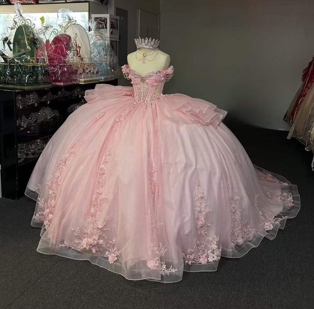 Mouccy Sparkly Lace Quinceanera Dresses with Tassels 3D Floral Bead Sweet 16 Dress with Ruffles Puffy Tulle Party Ball Gown ﻿ - Image 2