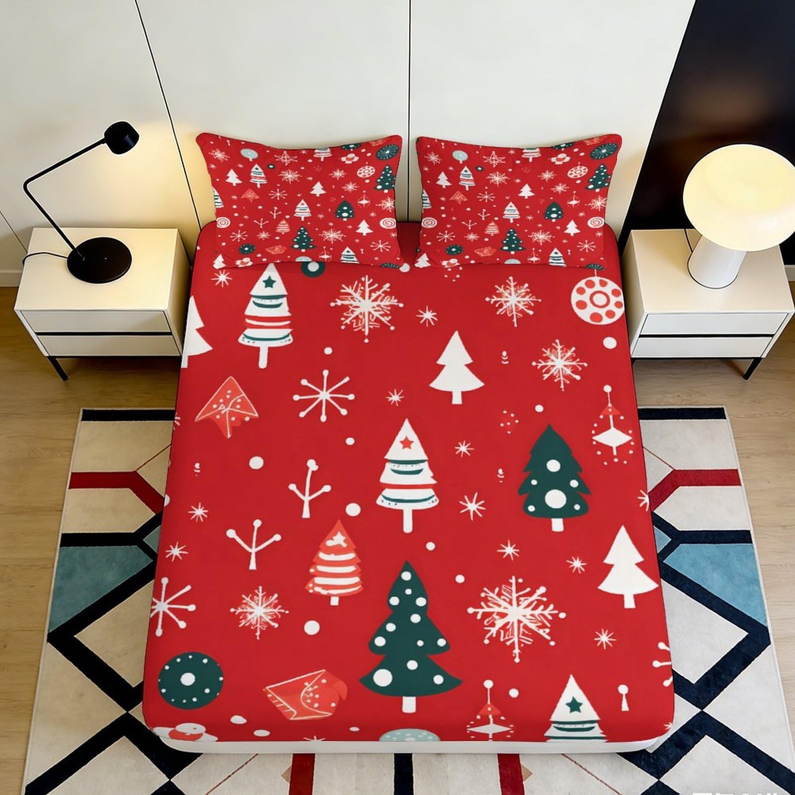 3D Printed Christmas Tree Fitted Sheet Microfiber Red Snowflake Pattern Mattress Cover for Bedroom Guest Room Decor 90x200x25cm