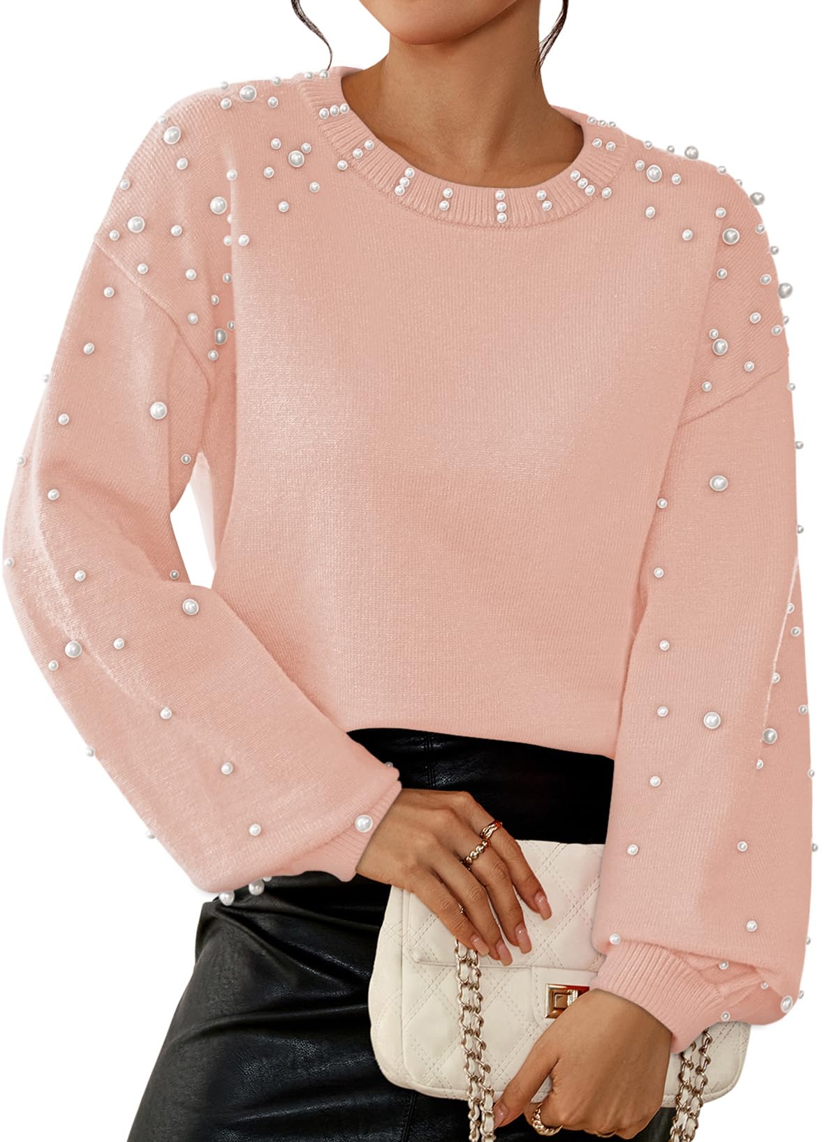 Pink Queen Pearl Sweater for Women 2025 Fashion Fall Winter Chunky Crewneck Lantern Sleeve Loose Knit Pullover Sweaters