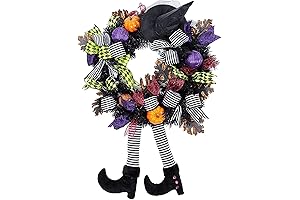 24 Inch Black Halloween Wreath with Witches Hat and Legs