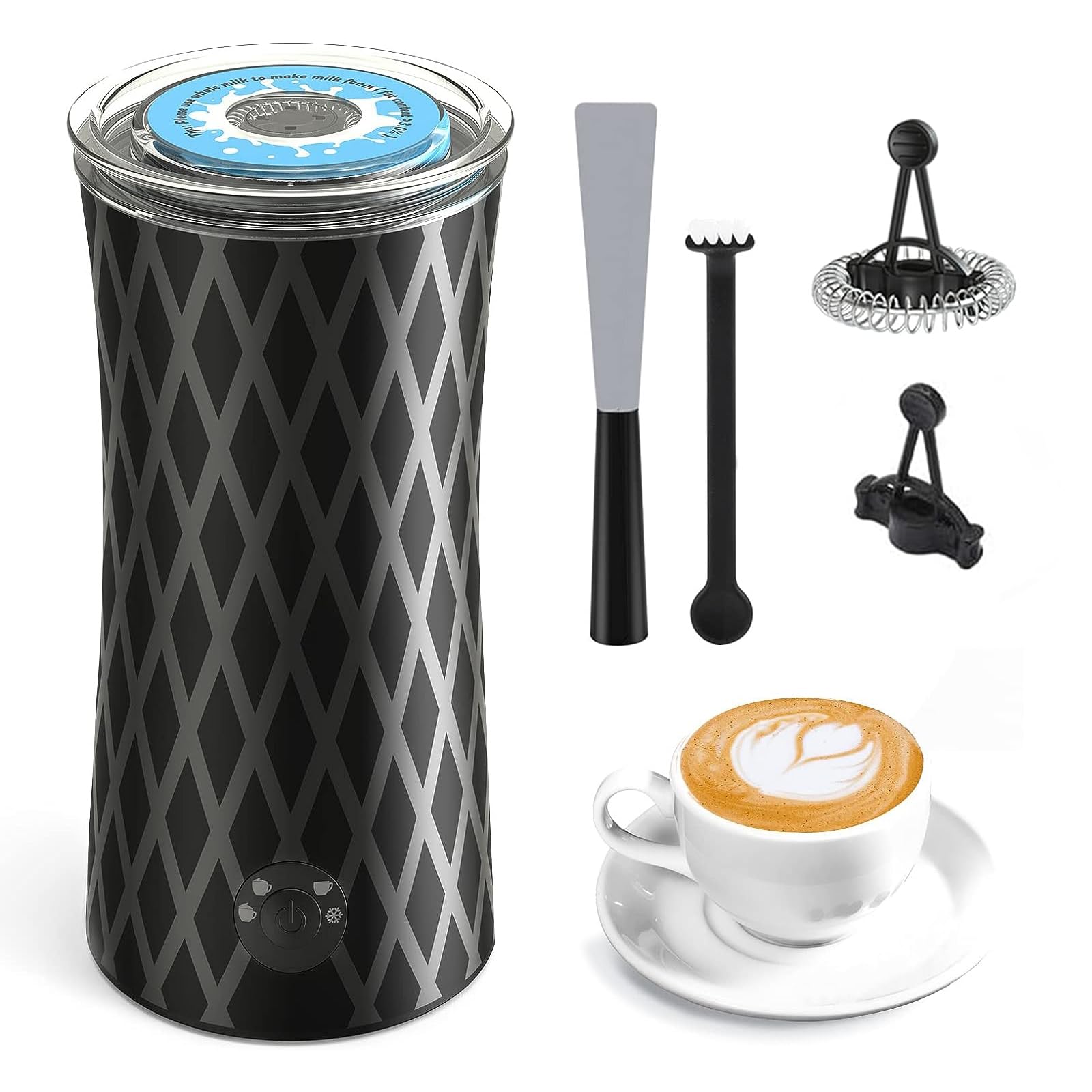 Mousseur à Lait Électrique 6 En 1 - Verre Borosilicate 500ml - Cappuccino, Latte, Chocolat Chaud - Design Séparé Base/Tasse