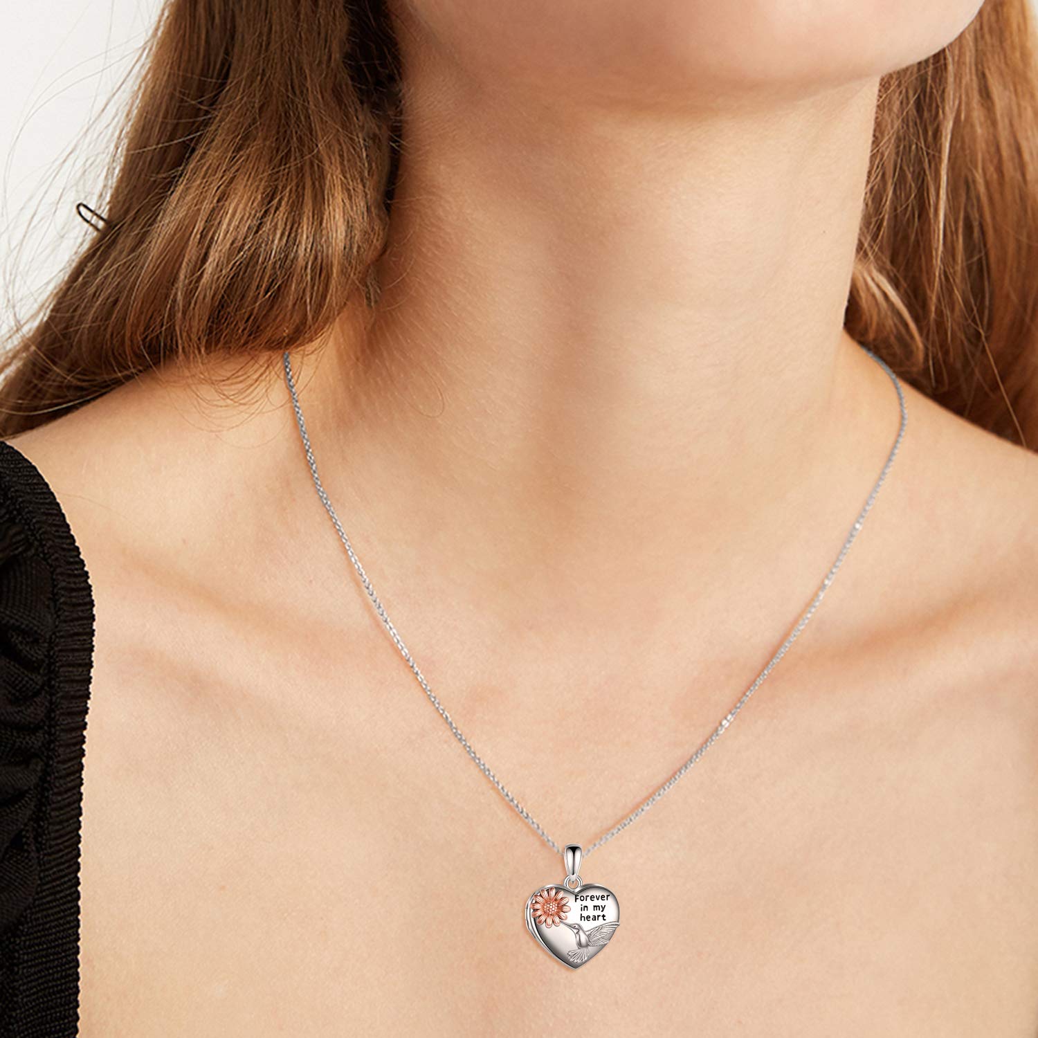 JERWLI Medaglione a forma di cuore in argento 925 girasole colibrì foto medaglione collana gioielli regalo per donne ragazze, Argento sterling
