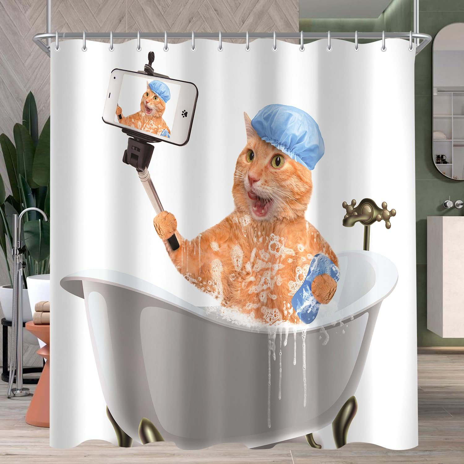 Lerores Shower Curtain, 180 x 200 cm, Cat Selfies, Weighted Hem, Anti-Mould, Water-Repellent