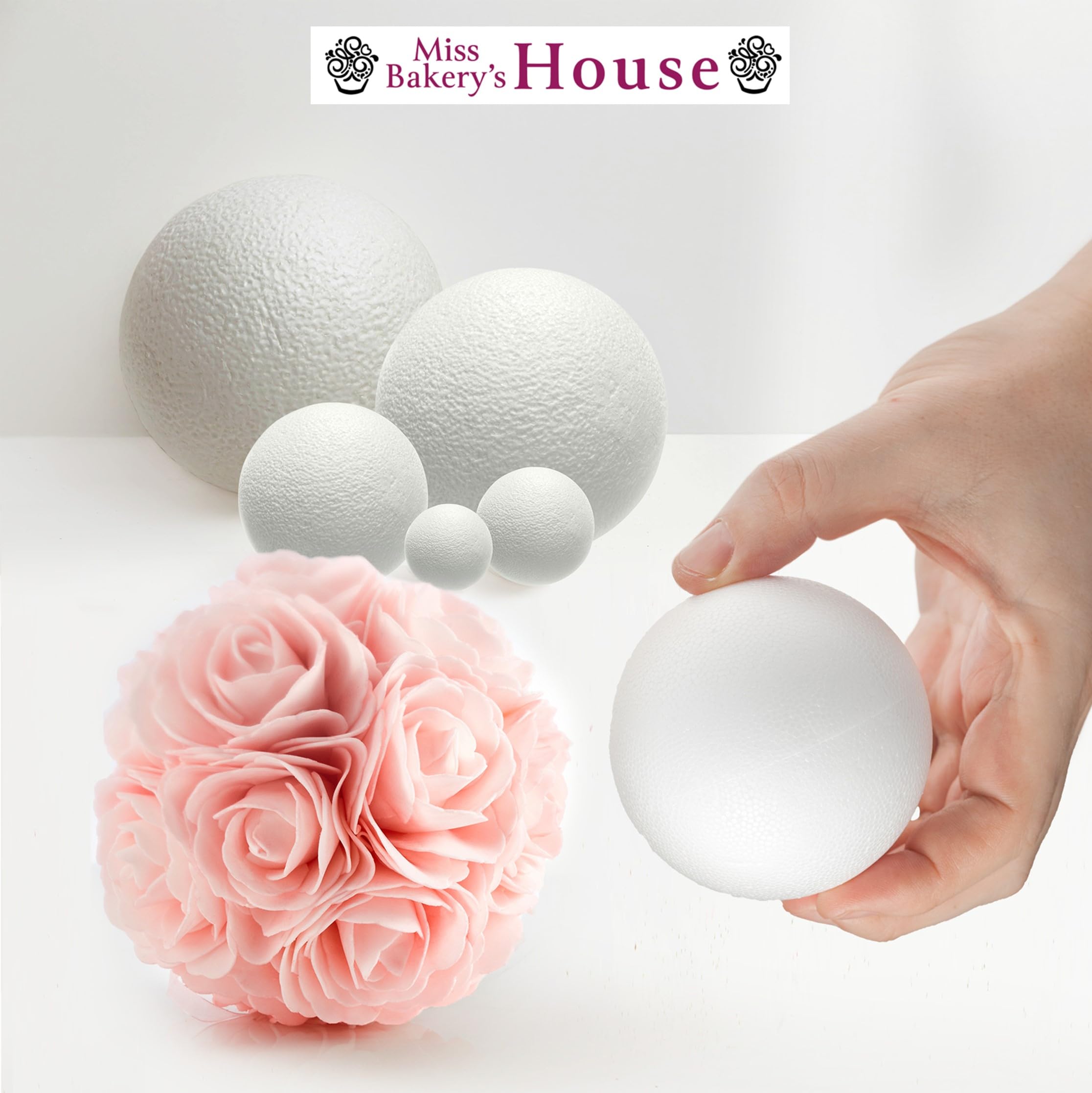 Miss Bakery's House Palline di polistirolo – Set completo – 100 pezzi – 1 x 10, 2 x 8, 2 x 6, 4 x 5, 10 x 4, 36 x 3, 42 x 2 – Set creativo fai da te – Palla di polistirolo – Vuoto – Feltro – Découpage