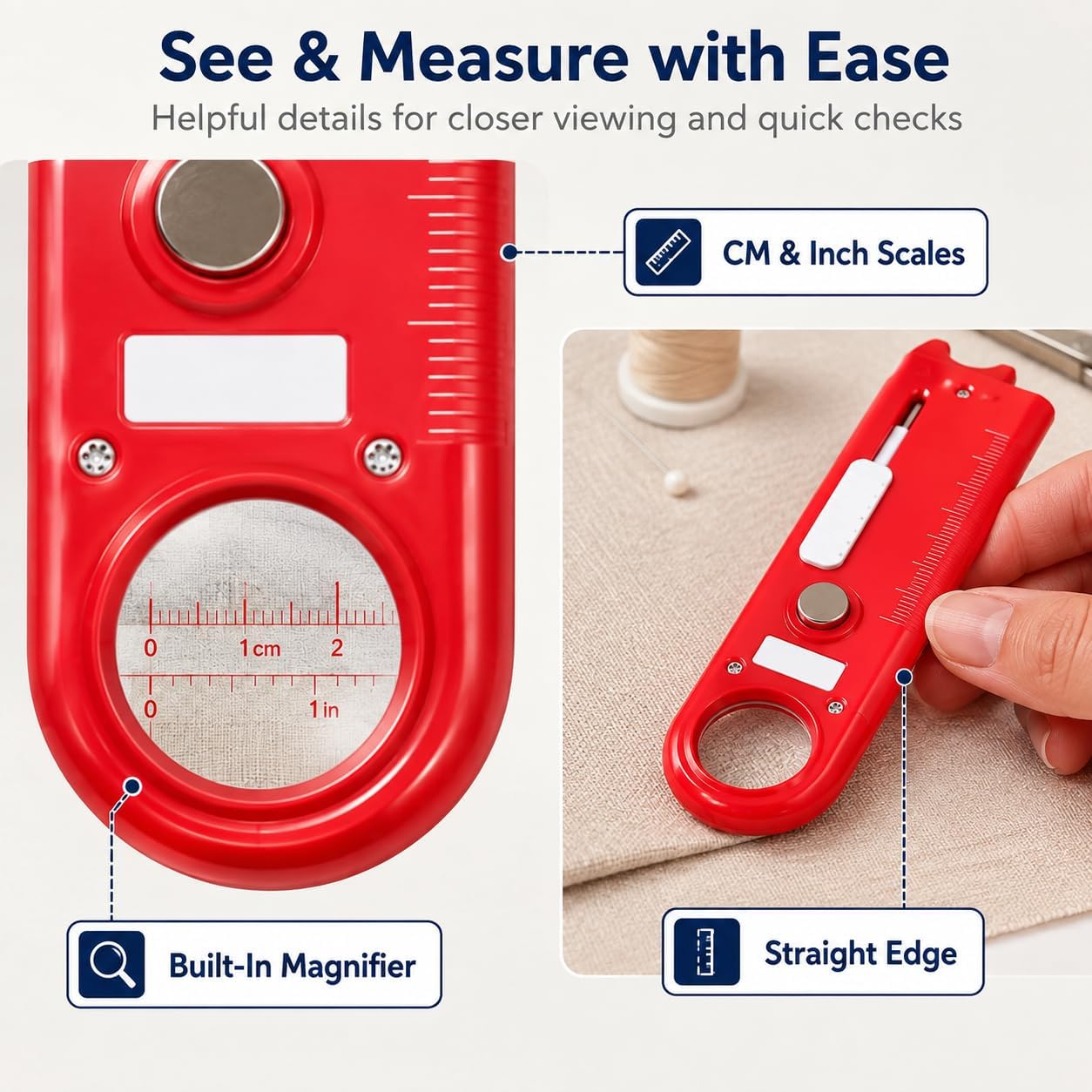 4-in-1 Needle Threader for Sewing Machine, Quick Automatic Sewing Threader Tool with Seam Ripper, Magnifier, Ruler & Magnetic Design, Red & Blue 2-Pack