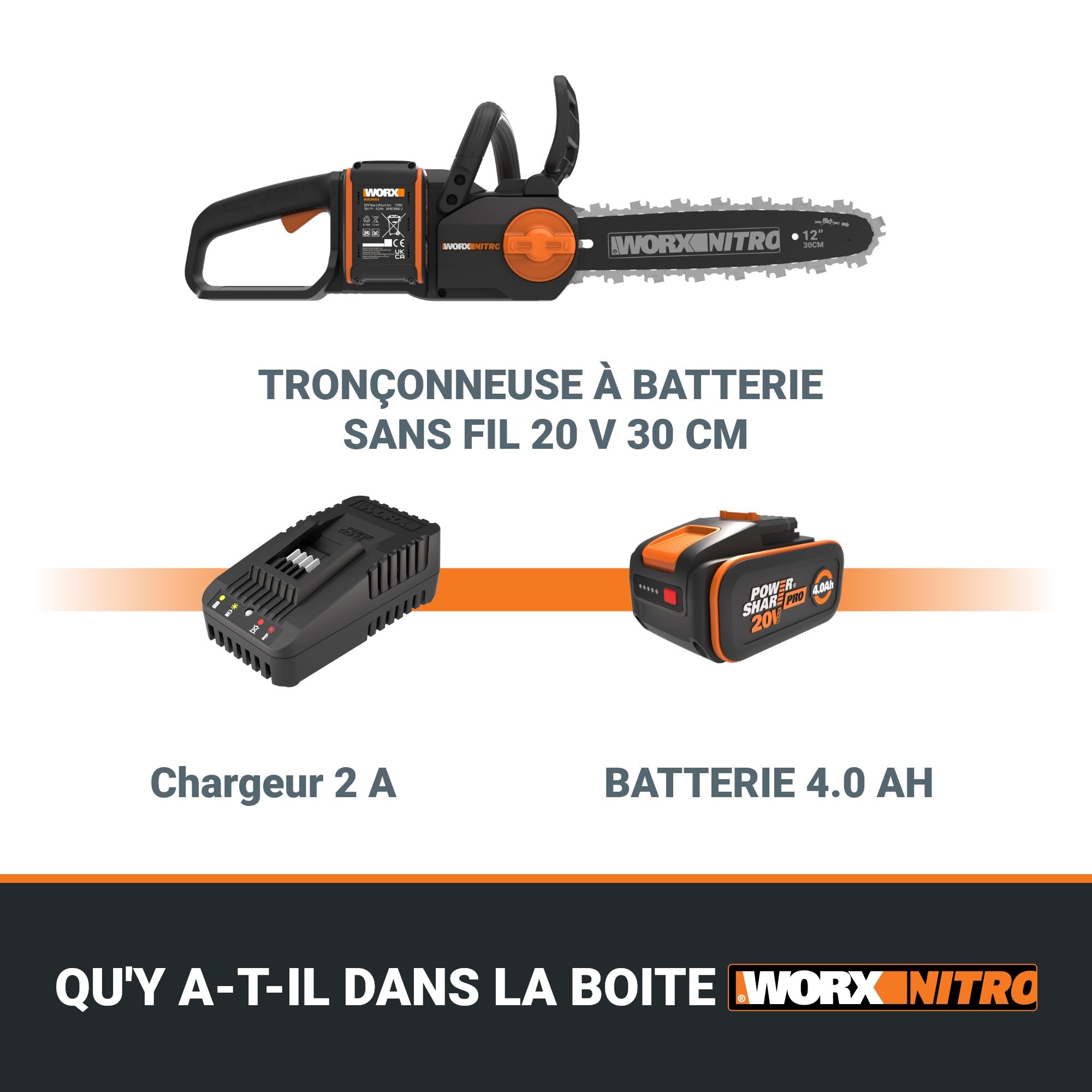 WORX WG350E Nitro profesjonalna akumulatorowa piła łańcuchowa 20 V – wydajna piła do drewna – długość cięcia 10 m/s – 30 cm – kompaktowa i bezpieczna – automatyczne smarowanie – łatwe napinanie