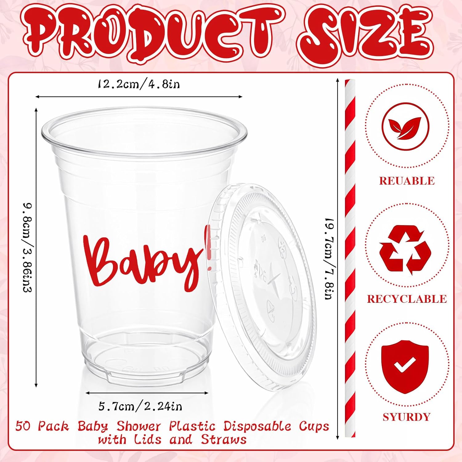50 Sets Ciao Baby Plastic Cup with Straw Ciao Bambino Italian Baby Shower Decoration Supplies Disposable 16 oz Thick Clear Cup Lids Red and White Striped Straws for Table Deco Party Favors