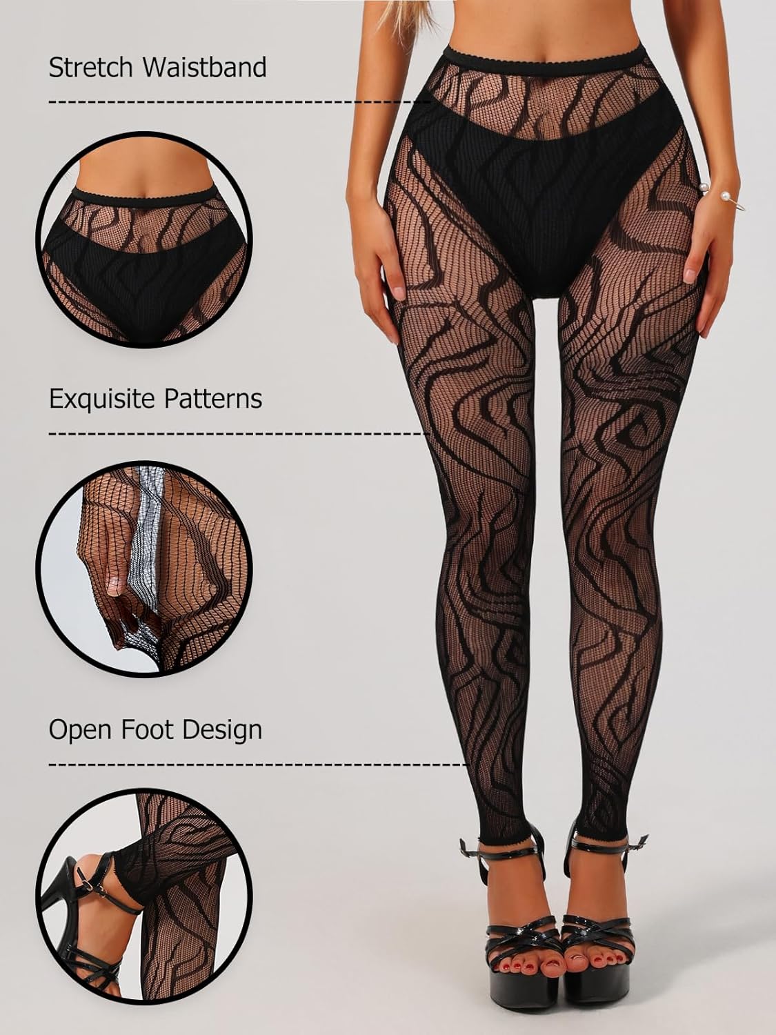 Buitifo Women Sexy Tights Fishnet Opening Leggings Stripe Pantihose Lingerie Pants - Image 2