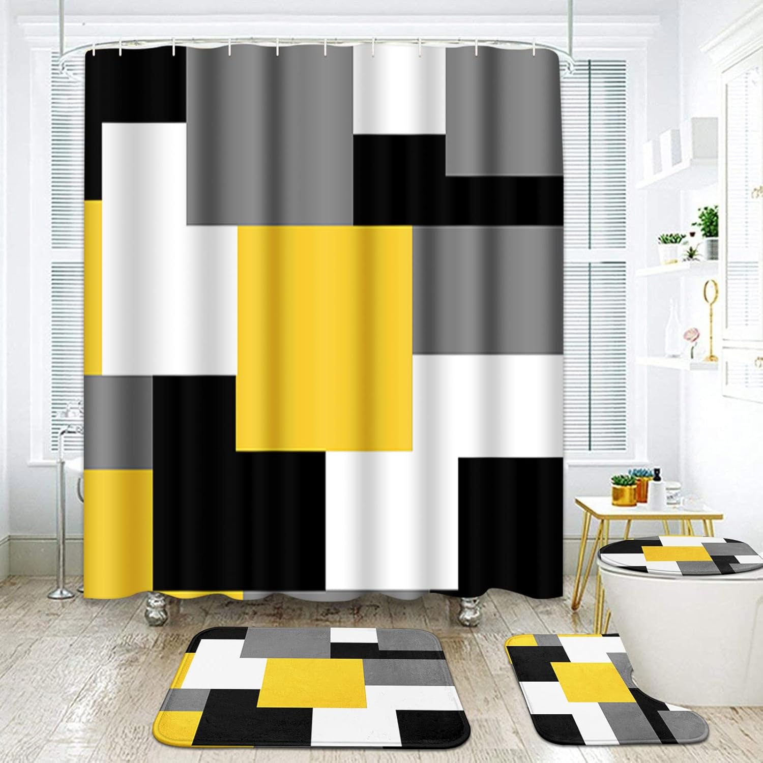 Amazon.com: Geometric Yellow Bathroom Sets with Shower Curtain and Rugs ...