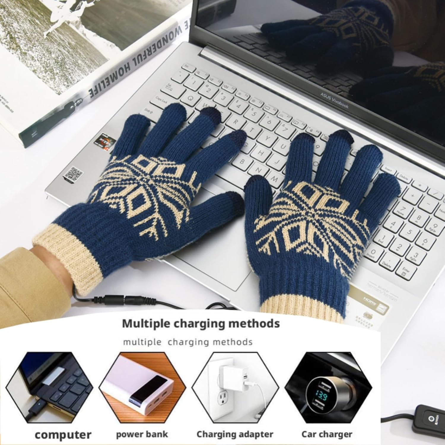 Winter USB Electric Heated Gloves, Touch Screen Thermal Hand Warming with Temperature Adjustment for Men Women