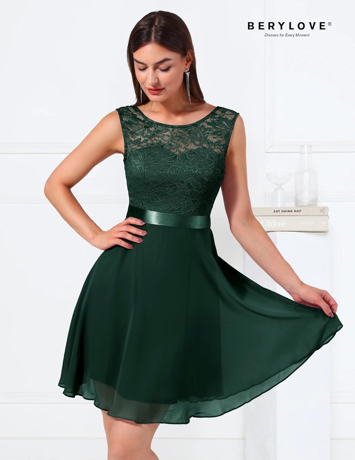 BeryLove Women's Short Homecoming Dresses for Teens Sleeveless Flowy A Line Wedding Guest Lace Formal Dress