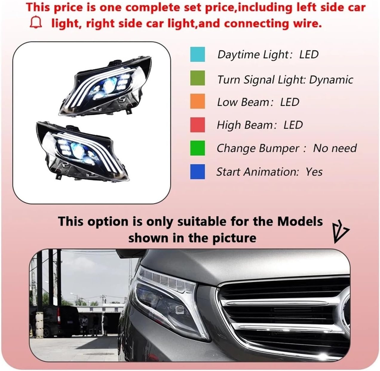 Car Lights Assembly Compatible For Benz Vito W447 2016-2023 V-Class Upgrade Maybach Style LED Auto Headlights Projector Lens Accessories(For L-ED version)