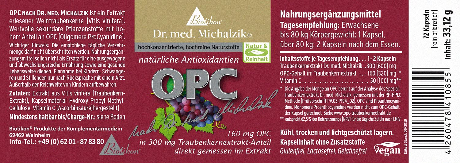 OPC Dr. med. Michalzik - Premium-Traubenkern-Extrakt | Tagesdosis Traubenkern-Extrakt [600mg], davon OPC-Gehalt [320mg], Vitamin C [100mg] | ohne Zusatzstoffe - von BIOTIKON®
