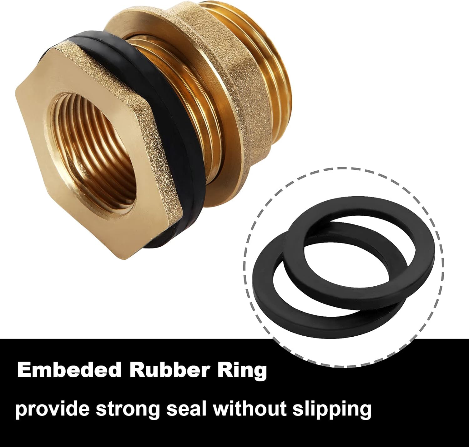 3 Pack Brass Bulkhead Fitting, 3/4" Female 1" Male Garden Hose Straight Threaded with Rubber Ring, Water Tank Connector Threaded Bulkhead Fitting for Aquariums Tubs Pools Spigot Rain Barrels