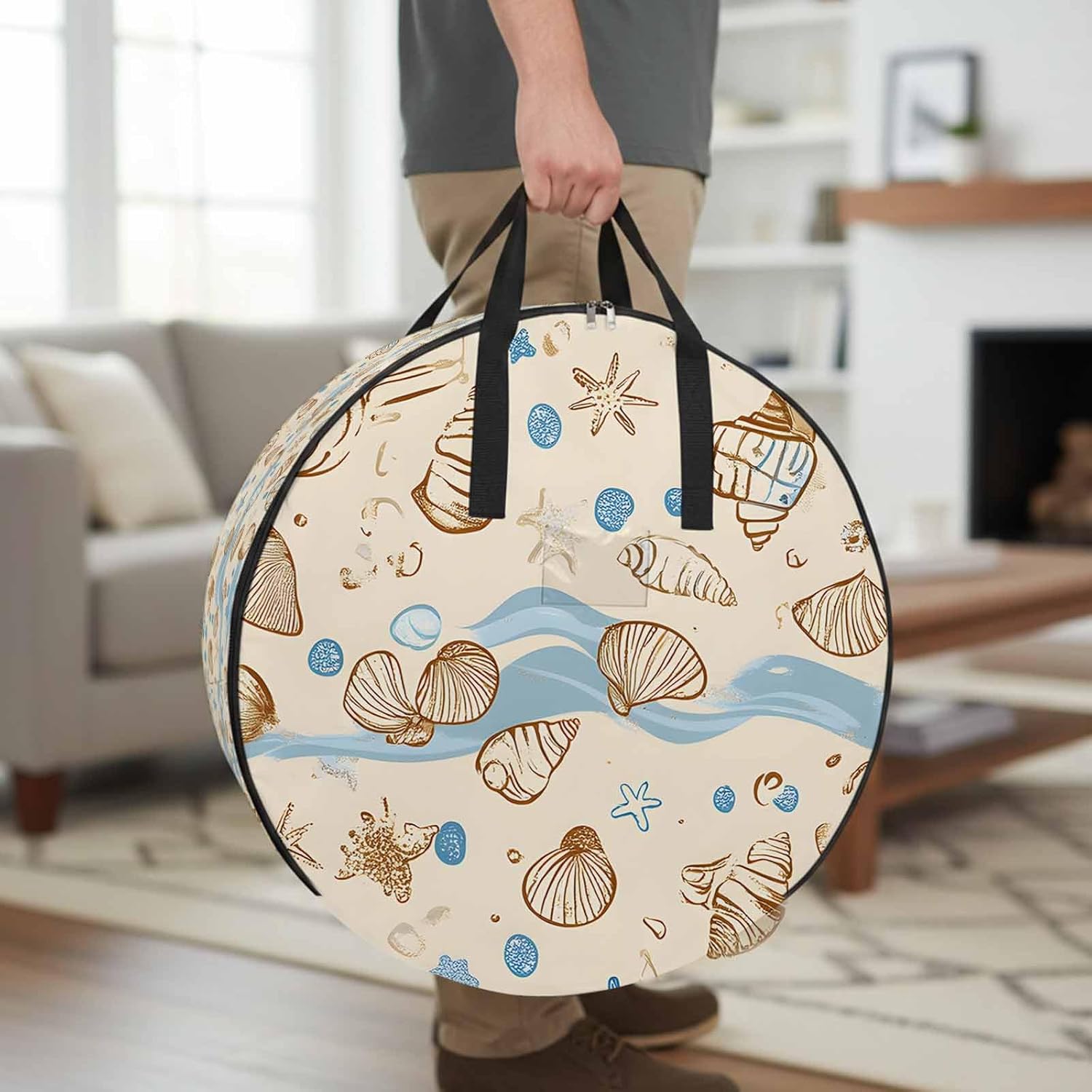 Vintage Shell Round Storage Bag 36 Inch, Brown Conch Starfish Bubble Ocean Waves Clothes Storage Container with Handles Heavy Duty Organizer for Comforter, Bedding & Holiday Wreaths