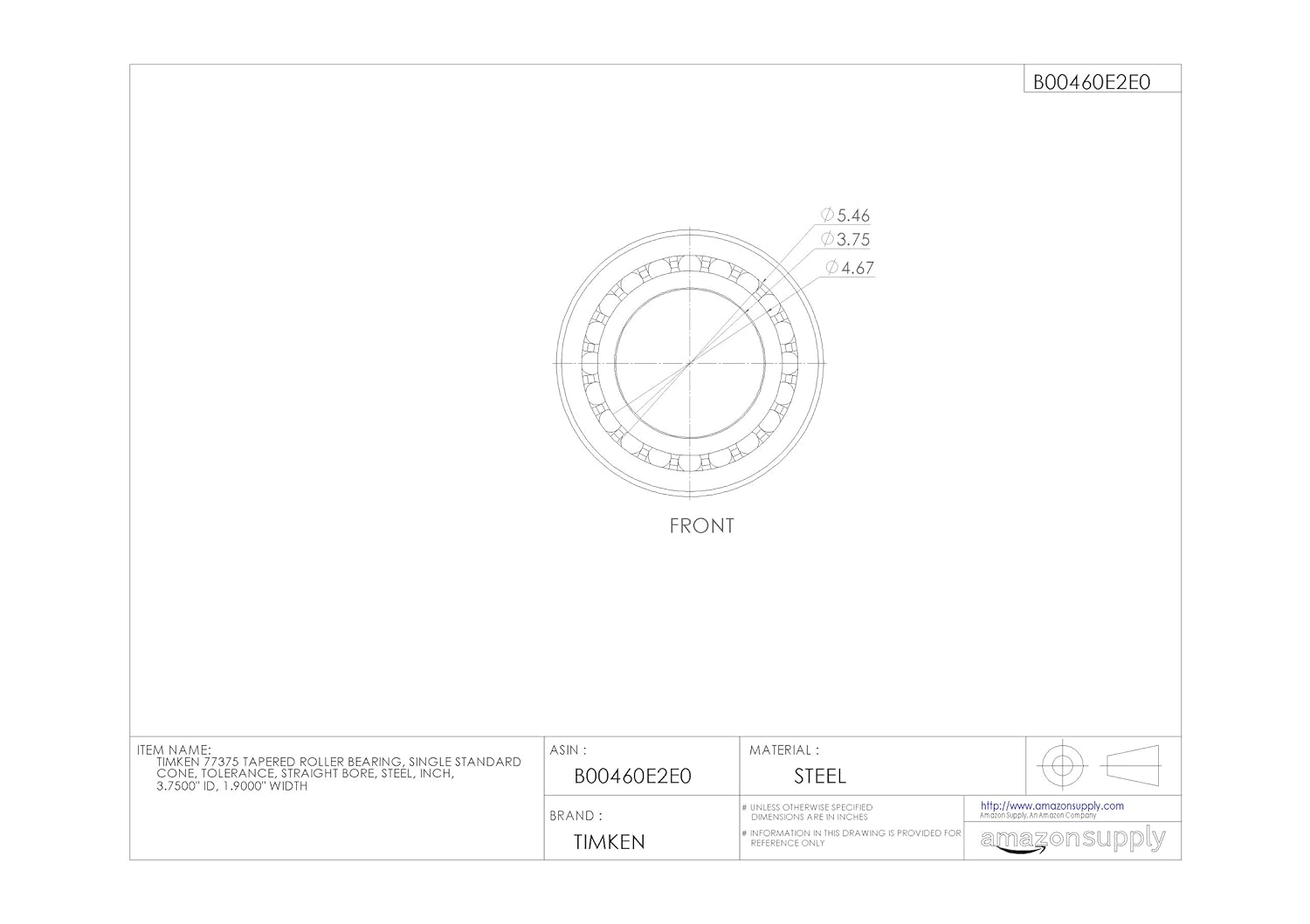 Timken 77375 Tapered Roller Bearing, Single Cone, Standard Tolerance, Straight Bore, Steel, Inch, 3.7500" ID, 1.9000" Width