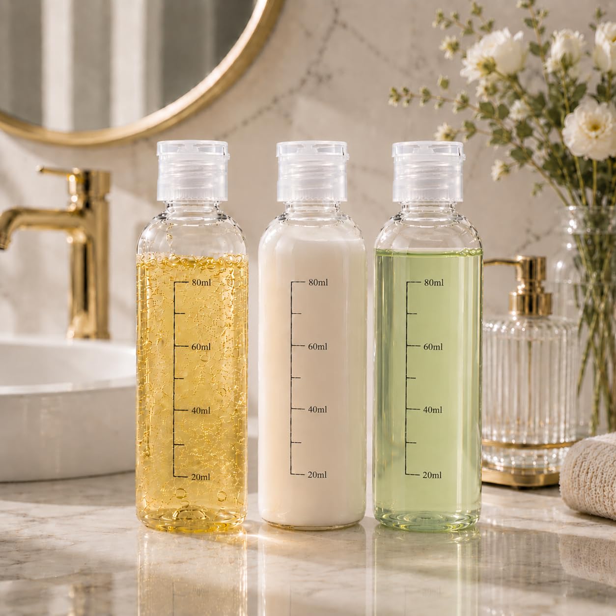 Bottiglie da viaggio 100ml,5 PCS flaconi da viaggio vuoti trasparenti per aereo,Kit Contenitori Viaggio Liquidi in plastica, flacone trasparente per shampo ，lozione， tonico viso, gel,Olio solare