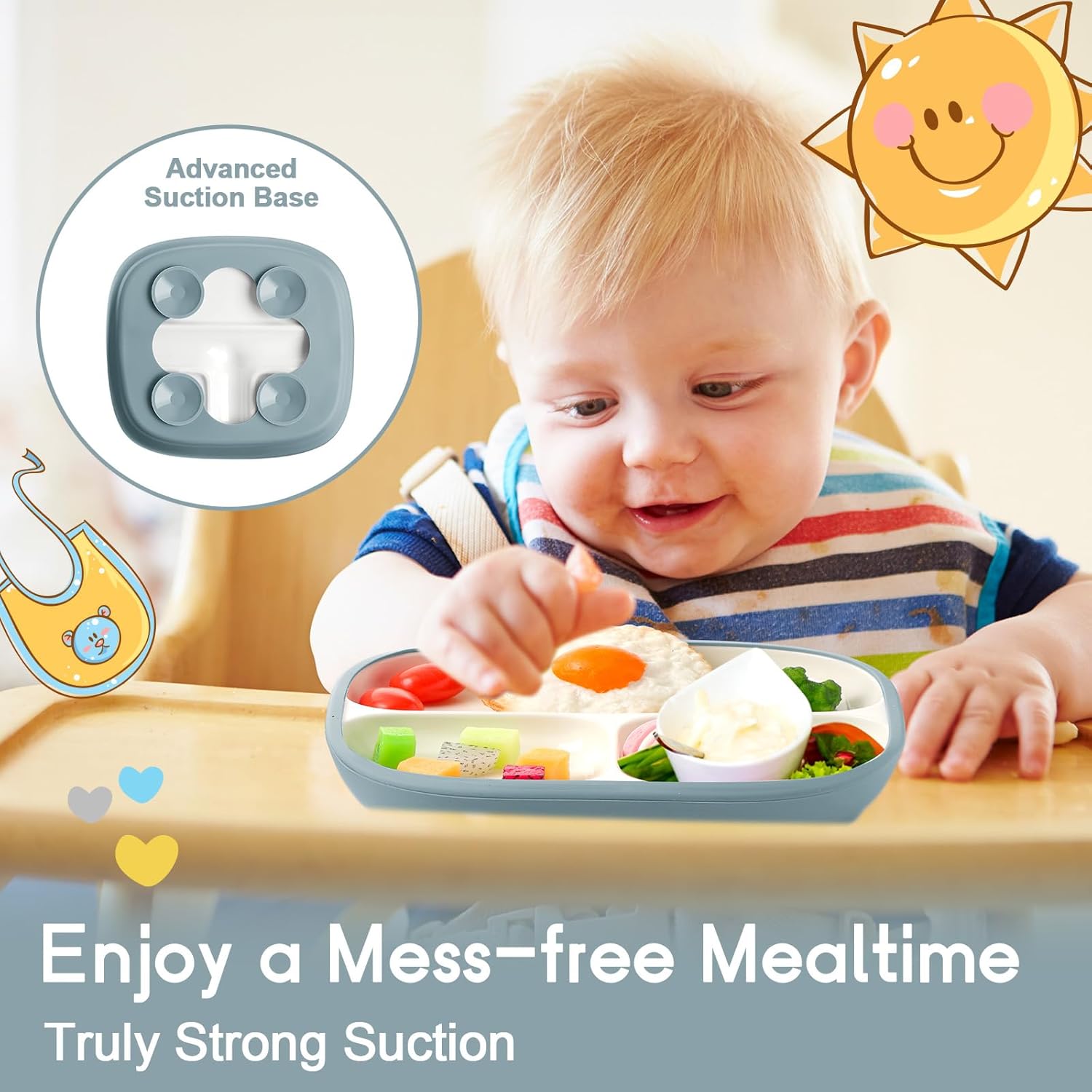 Domensi Kids Porcelain Plates with Silicone Sleeves 8.2 Inch Divided Porcelain Plate Toddler White Suction Dishes for Baby Troubleless Eating Microwave Dishwasher Safe(Stylish,3 Set)