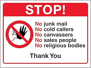 V Safety Stop! No Junk Mail, No Cold Callers, No Canvassers...Thank You 200 x 150 mm - 1mm Rigid Plastic Safety Sign