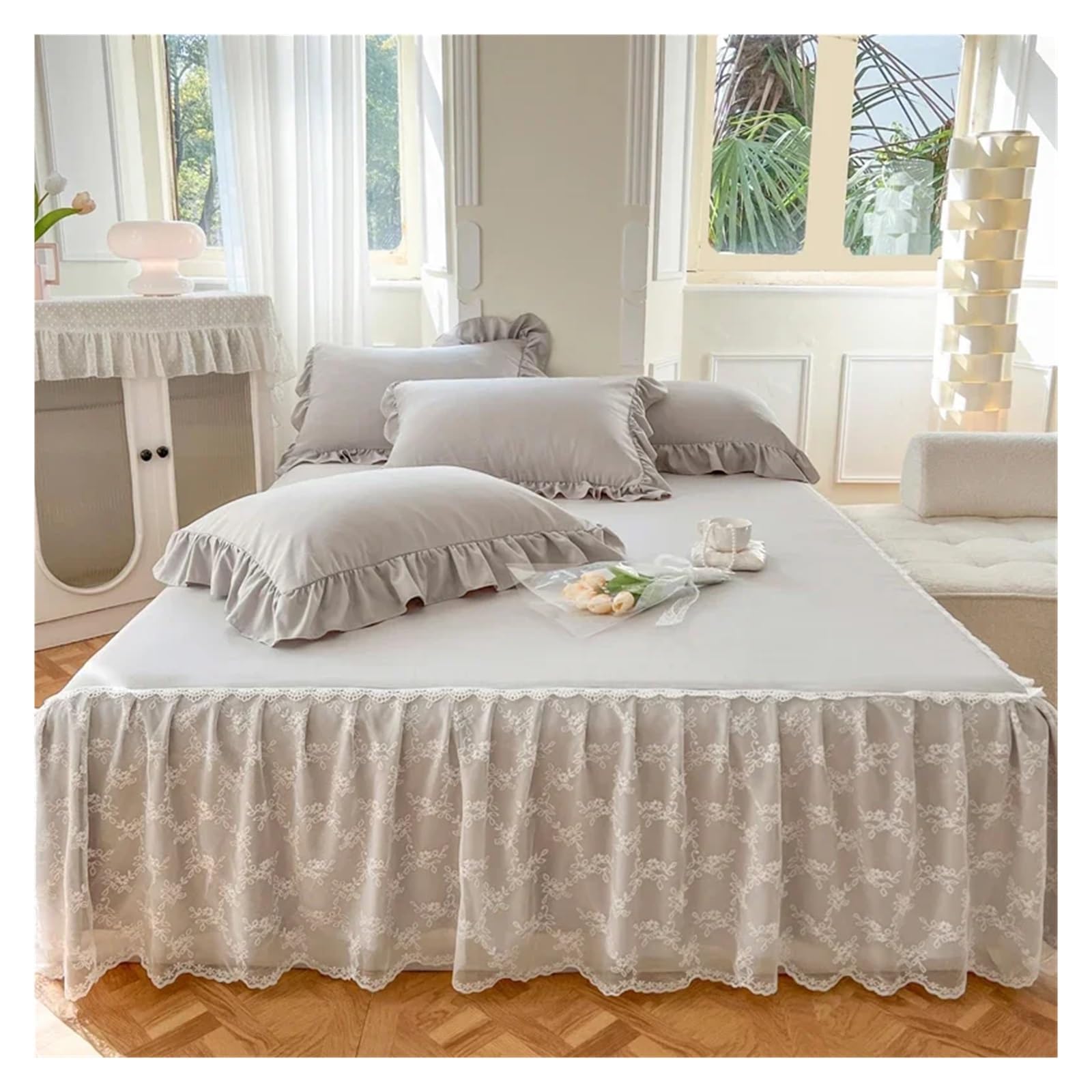 Solid Color Bed Skirt & Pillowcase Washed Cotton Wrap Around Bedskirt With Embroidered Lace White Pleated Ruffle Bed Sheet(3,150x200cm 3pcs)
