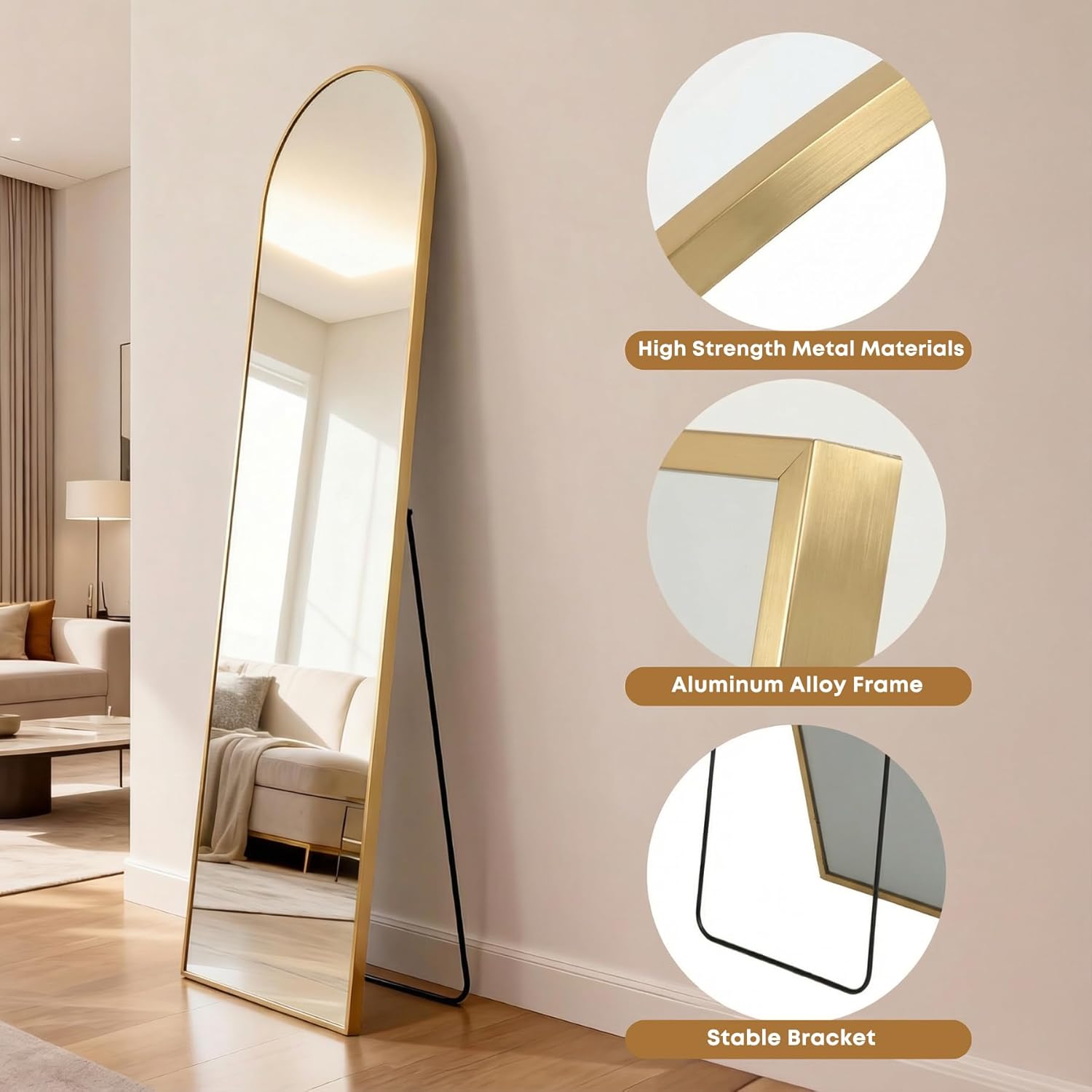 64"x21" Inch Full Length Mirror with Stand, Arched Aluminum Frame Wall Mirror & Freestanding Hanging Mounted Mirrors, Tempered Glass Full Body Mirrors for Bedroom, Living Room Decor,Gold