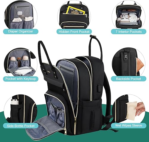 Miniatura 6 de MOMUVO Mochila para pañales, bolsa de bebé acolchada con cambiador y correas para cochecito, Cuadros negros