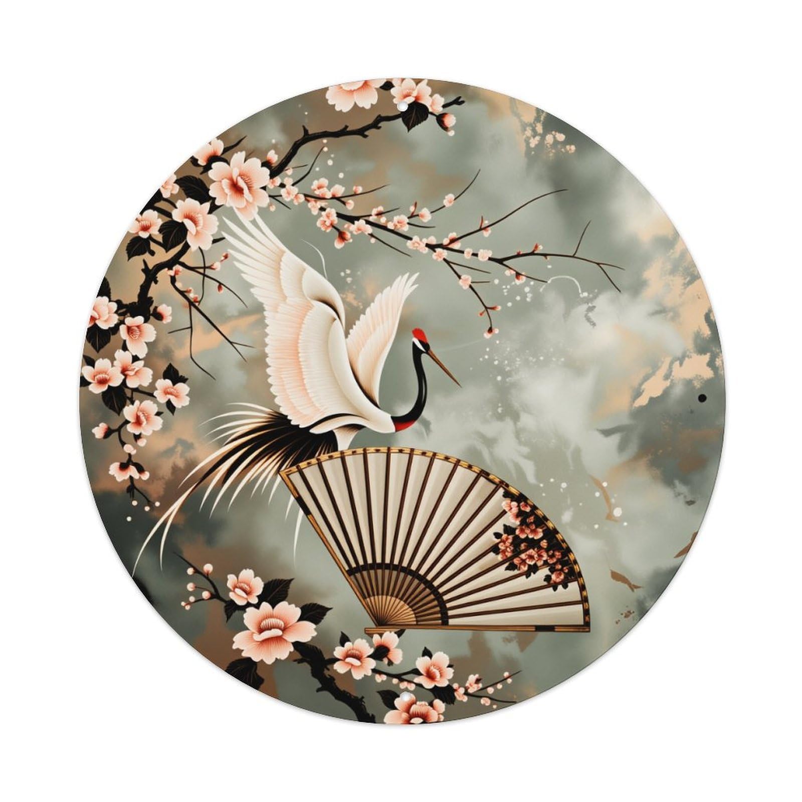 Crane Cherry Blossom Fan Sky Cloud Round Tin Sign Vintage Style Metal Sign Home Bar Garden Wall Plaque Decor Metal Poster 8x8 Inch