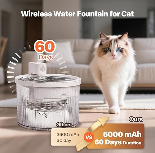 Miniatura 2 de Sharper Image - Fuentes de agua inalámbricas para gatos, bomba ultra silenciosa de 68 oz2 L, fuente de agua inalámbrica para gatos, fuente