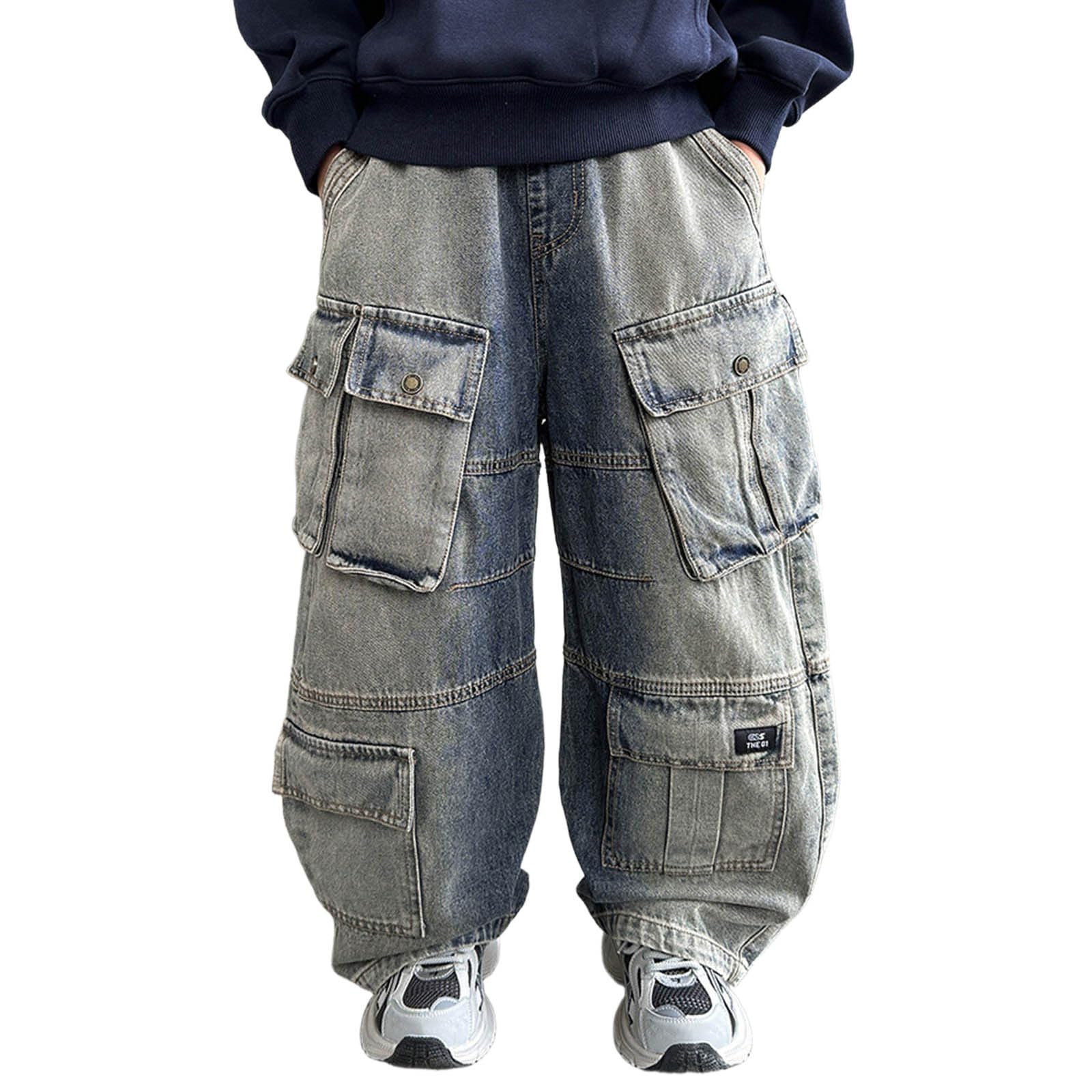 Generico Pantaloni Cargo per Ragazzi Pantaloni Casual in Denim alla Autunnale per Bambini e Adolescenti Abbigliamento da Lavoro Streetwear