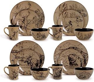 TRP 16 Piece Brown Rustic Stoneware Dinnerware Set, Country Animal Nature Themed Design, Resistant to Breakage, Durable for 4, Dinner/Salad Plates, Soup Bowl & Mugs