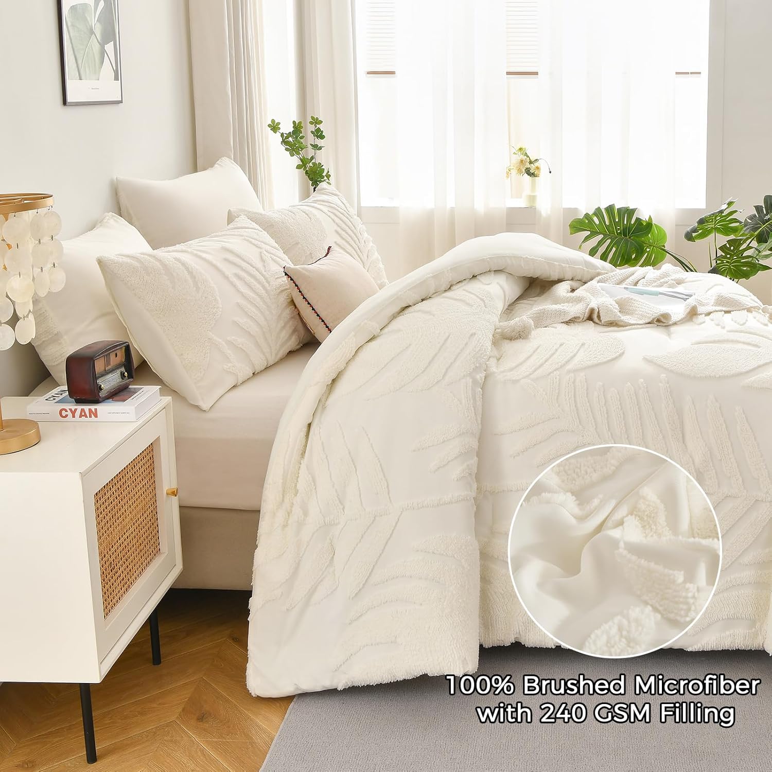 FLYMME Ivory Queen Comforter Set,Boho Soft Warm Tufted Neutral Bed in a Bag,Lightweight Fluffy All Seasons Bedding with Botanical Palm Leaf Pattern,3 Pieces (Comforter&2 Shams) - Image 3