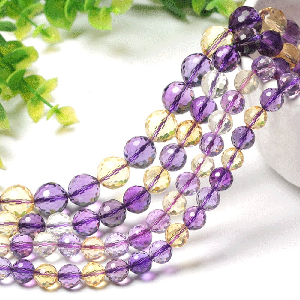 Cuentas redondas de cristal facetado de color morado y amarillo de 15 pulgadas (12 mm)