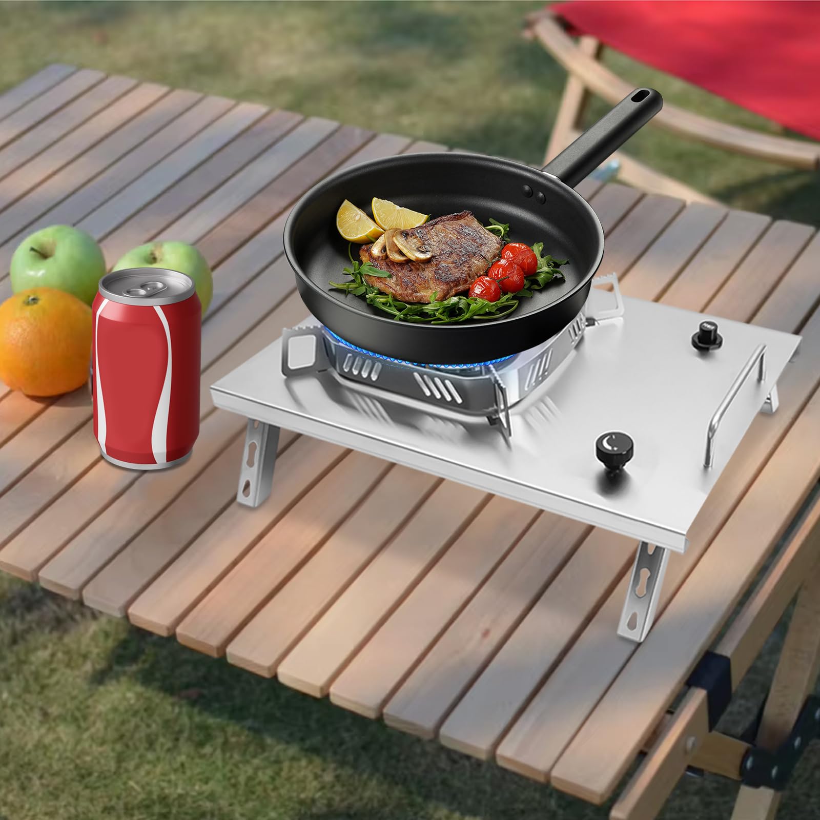 Fornello a gas da campeggio, 2600 W, antivento, pieghevole, portatile, per campeggio, escursionismo, picnic, pesca, attività all'aperto, in acciaio inox e rame, con borsa per il trasporto