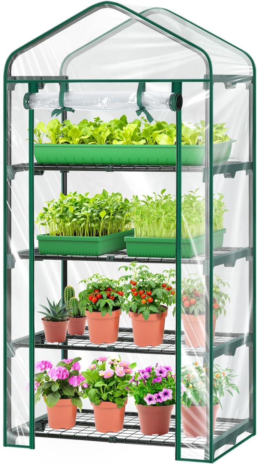 Mini Greenhouse for Outdoors Indoor: 27 x 19 x 62-Inch Ohuhu Small Green House with 4 Tier Shelves, Portable Plastic Greenhouses with Heavy Duty Transparent PVC Cover for Seedling Patio Porch Balcony
