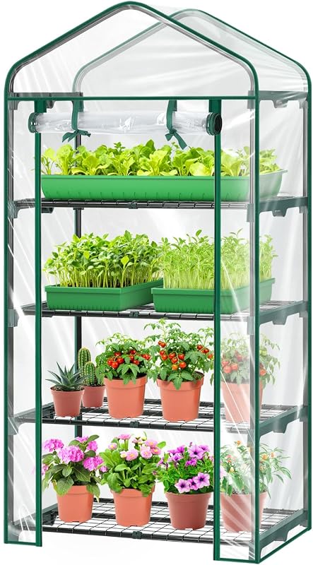 Mini invernadero para exteriores interiores: Ohuhu pequeño invernadero de 27 x 19 x 62 pulgadas con 4 estantes, invernaderos de plástico portátiles con cubierta de PVC transparente resistente para plántulas, patio, porche, balcón