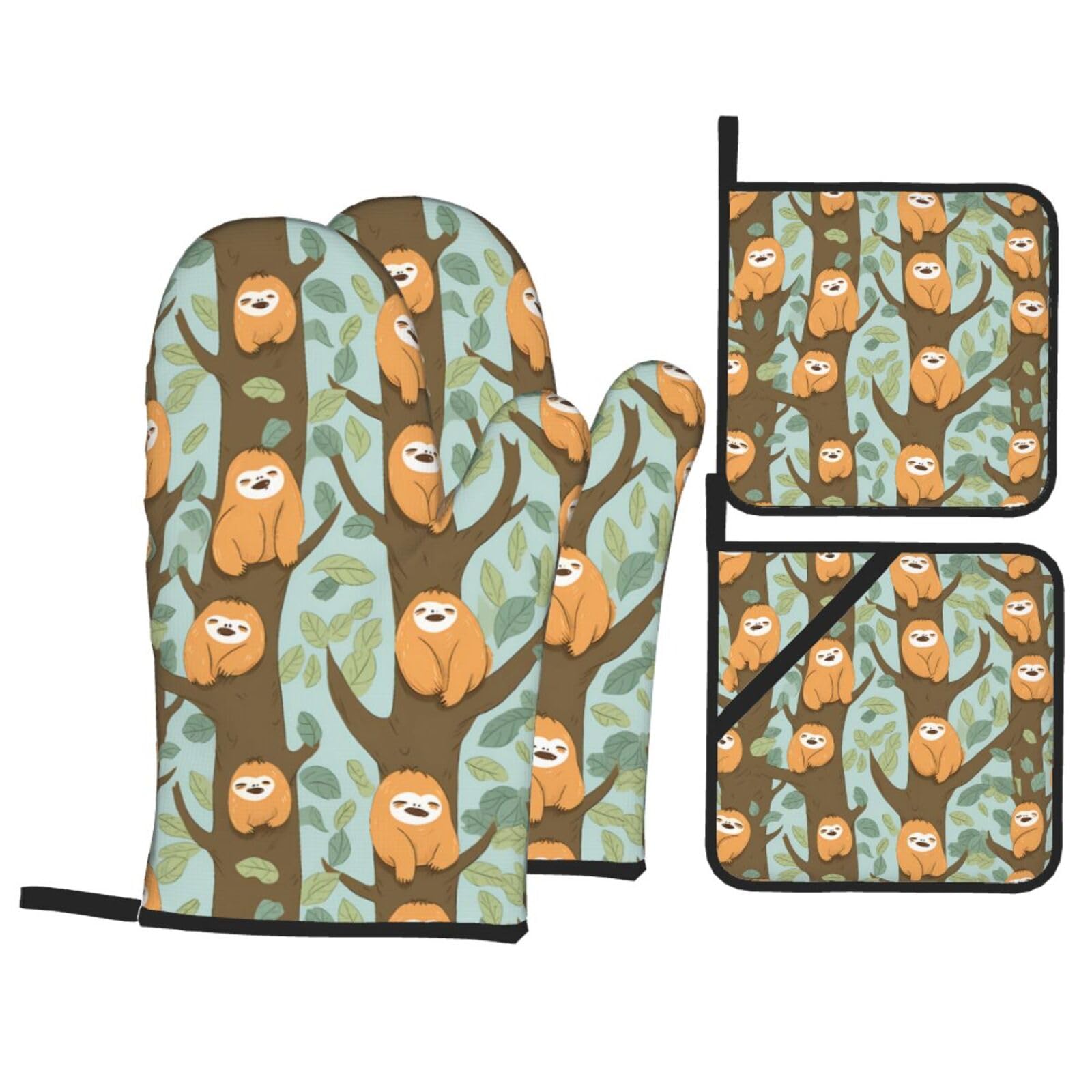 HJFCZH Hug Tree Sloth Picture Kitchen Baking Set of 4 Thick Insulated Oven Mitt & Pot Holders, Anti-Scalding for Microwave, Oven, Outdoor BBQ