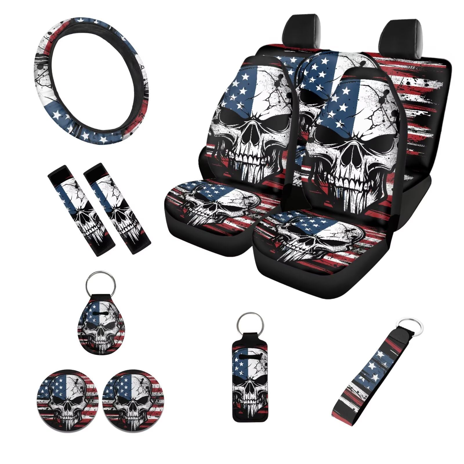 Jndtueit Skull American Flag Black Car Accessories Set of 12 Auto Front and Rear Split Bench Seat Cover Cup Coaster Steering Wheel Cover Seat Belt