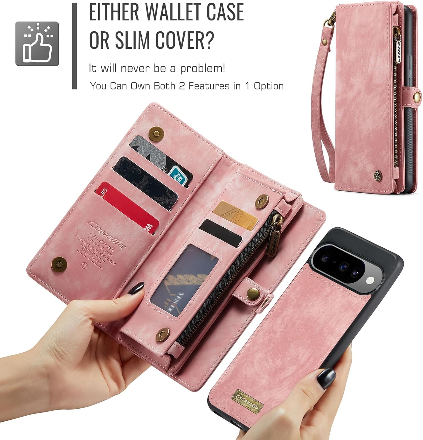 Kowauri for Google Pixel 10/10 Pro Case, Zipper Purse Folio Leather Wallet for Women Men with Card Holder Wrist Strap, Detachable Magnetic Shockproof Protective Back Case for Pixel 10/10 Pro, Pink