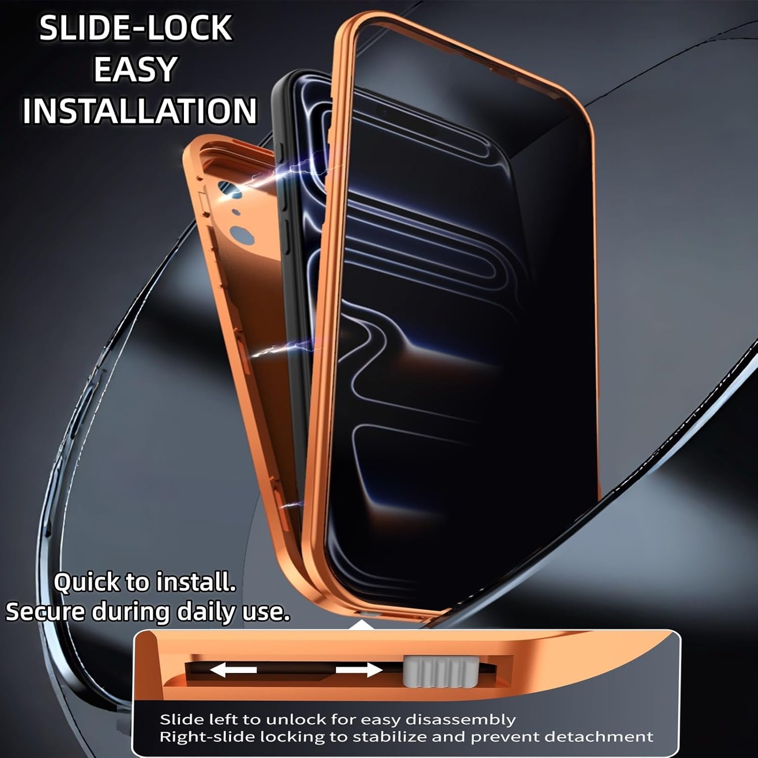 for iPhone 17 Pro Max/17 Pro/17 Air/17, Metal-Back Magnetic Case with Tempered-Glass Privacy Screen, Slide-Lock Alloy Frame, Full-Body Protection, Built-in Magnet Ring(Black,17 Pro Max)