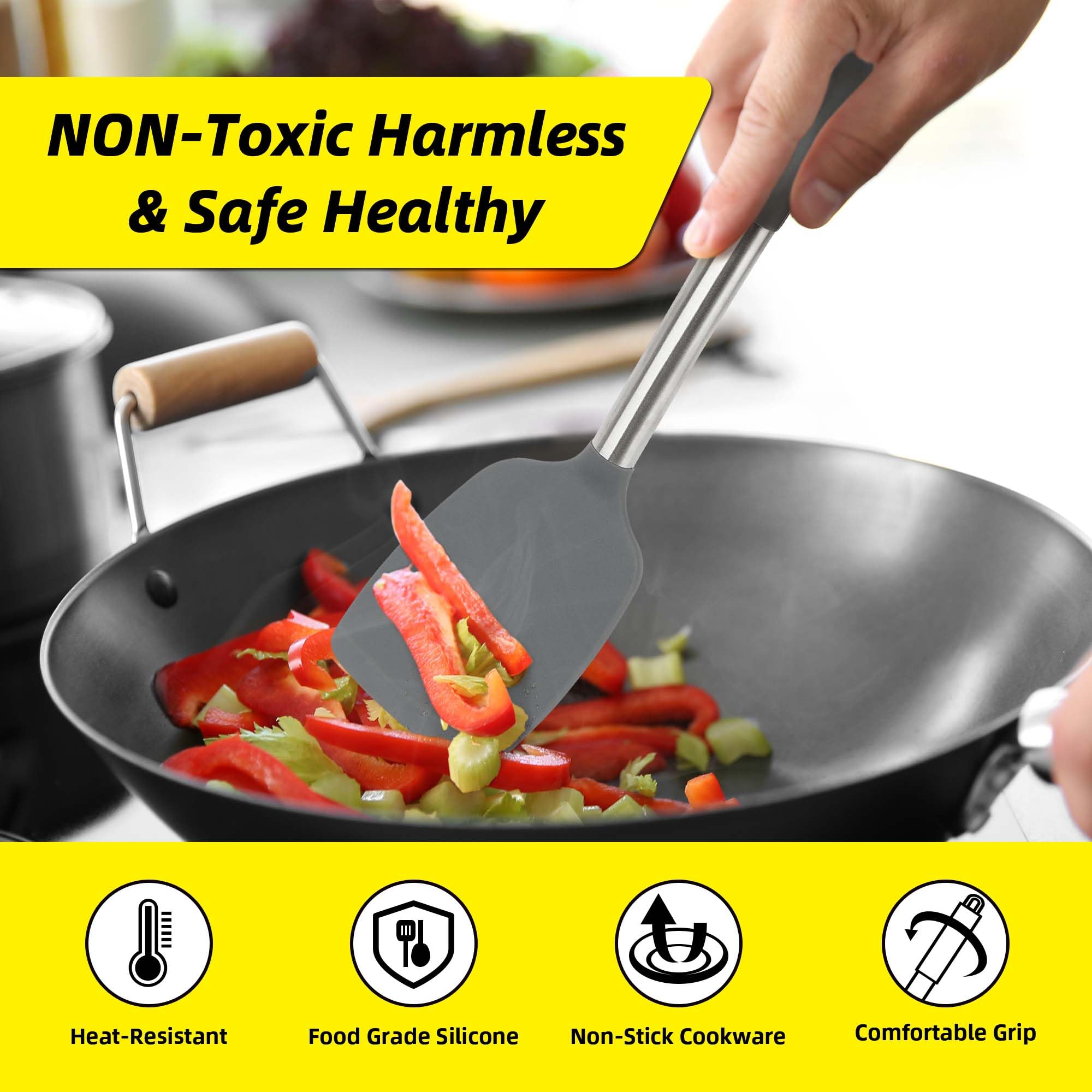 Juego de 4 utensilios de silicona, espátulas sólidas antiadherentes, cucharas ranuradas con mango de acero inoxidable, espátulas para cocinar, freír, mezclar, servir, color gris