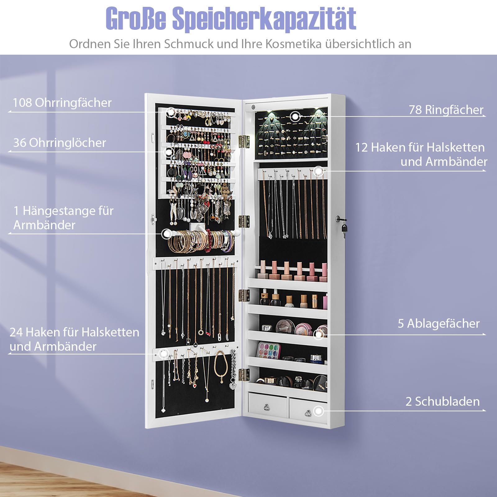 COSTWAY Szafka wisząca na biżuterię, 2 w 1, szafka z lustrem z lampkami LED i 2 szufladami, szafka wisząca zamykana, organizer na biżuterię do montażu na ścianie/drzwiach, kolor biały