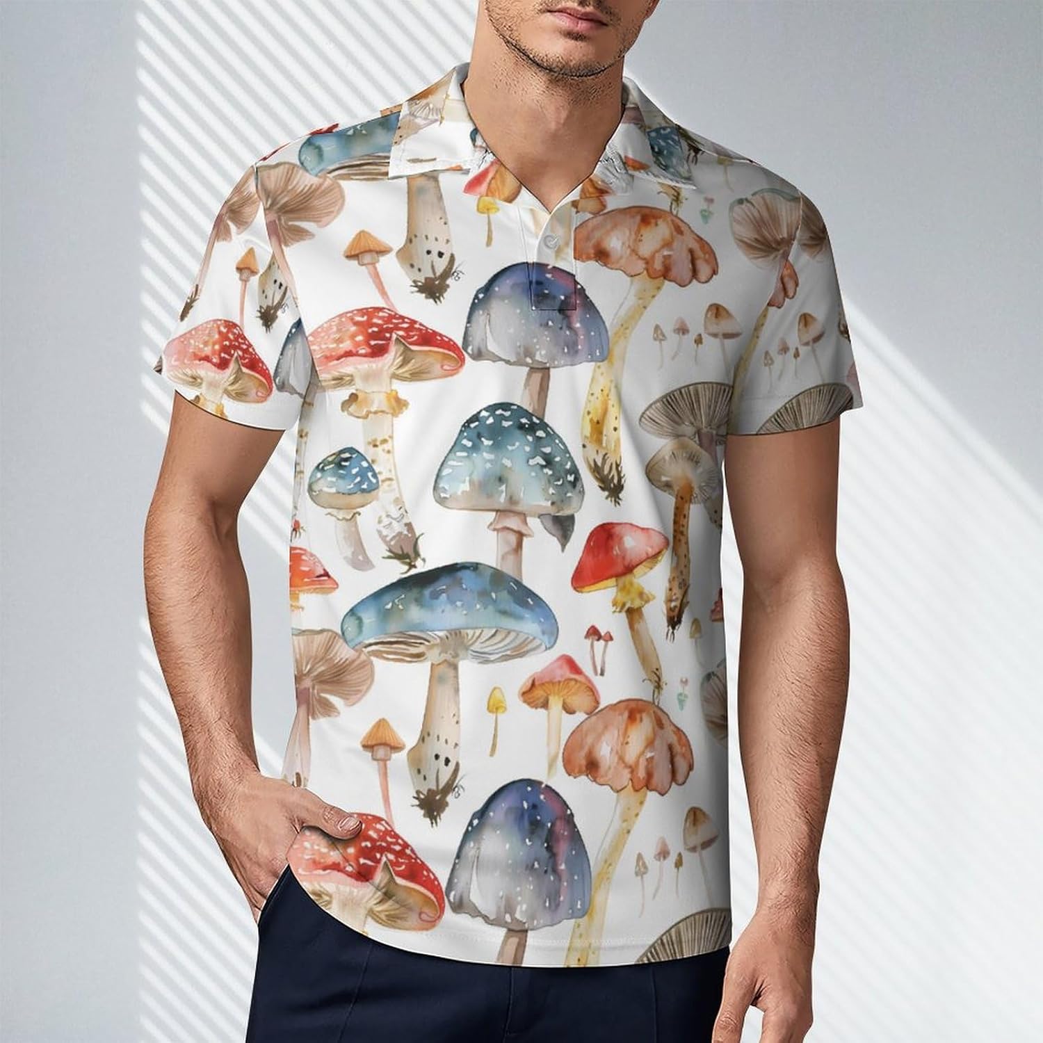 Colorful Mushrooms Watercolor Novelty Men's Short Sleeve Shirt Golf Tennis Shirts Work T-Shirt Sport Tee