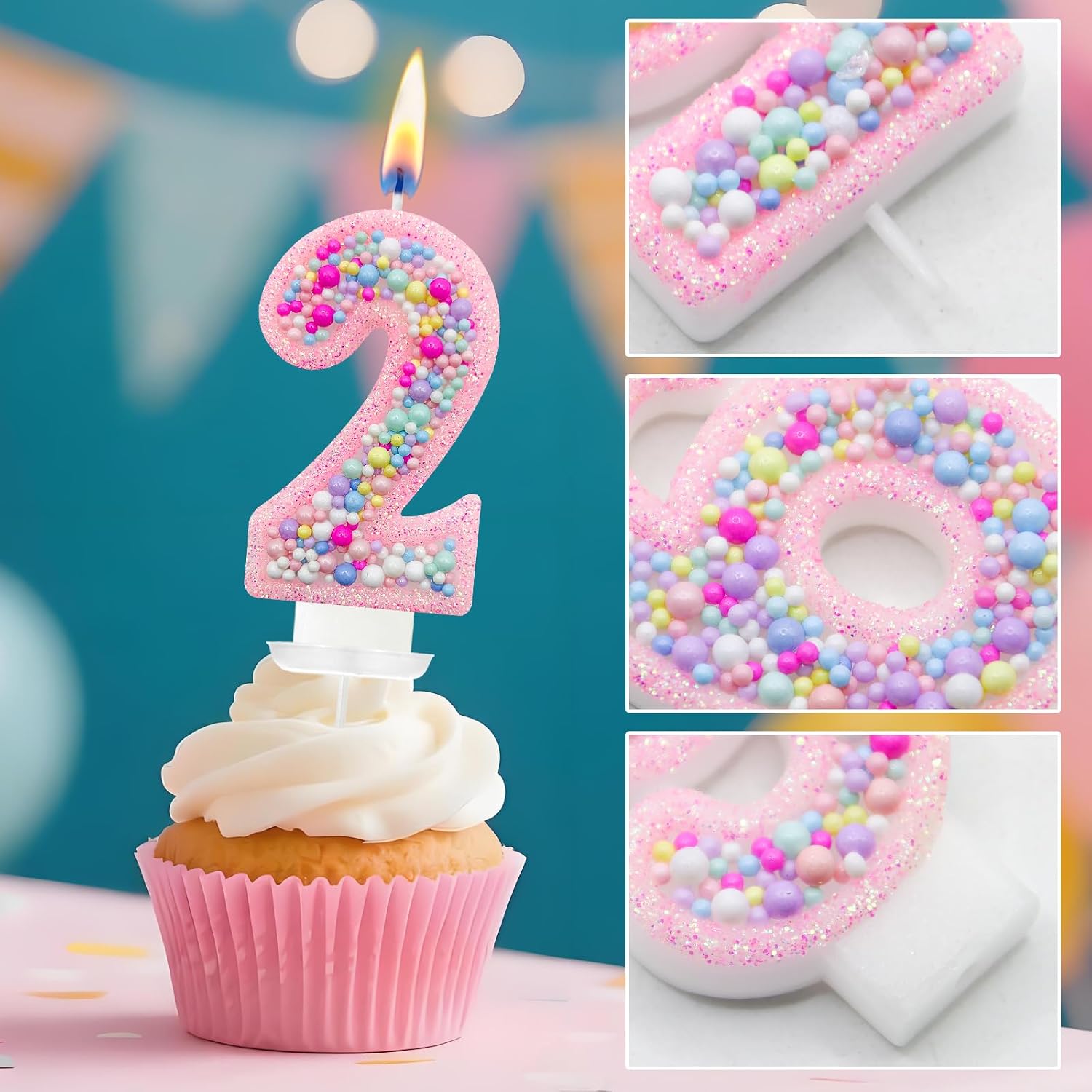 Pink Glitter Number 21 Birthday Candle with Macaron-Colored Beads – Cake Topper for Birthday Cake Decoration image 3