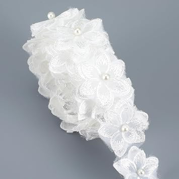 3 Yards 3D Pearl Beads Embroidered Applique, Organza Flower Lace Trim Ribbon Floral Applique Embroidered Lace Fabric for Wedding Dress Embellishment DIY Sewing Crafts Home Decor White