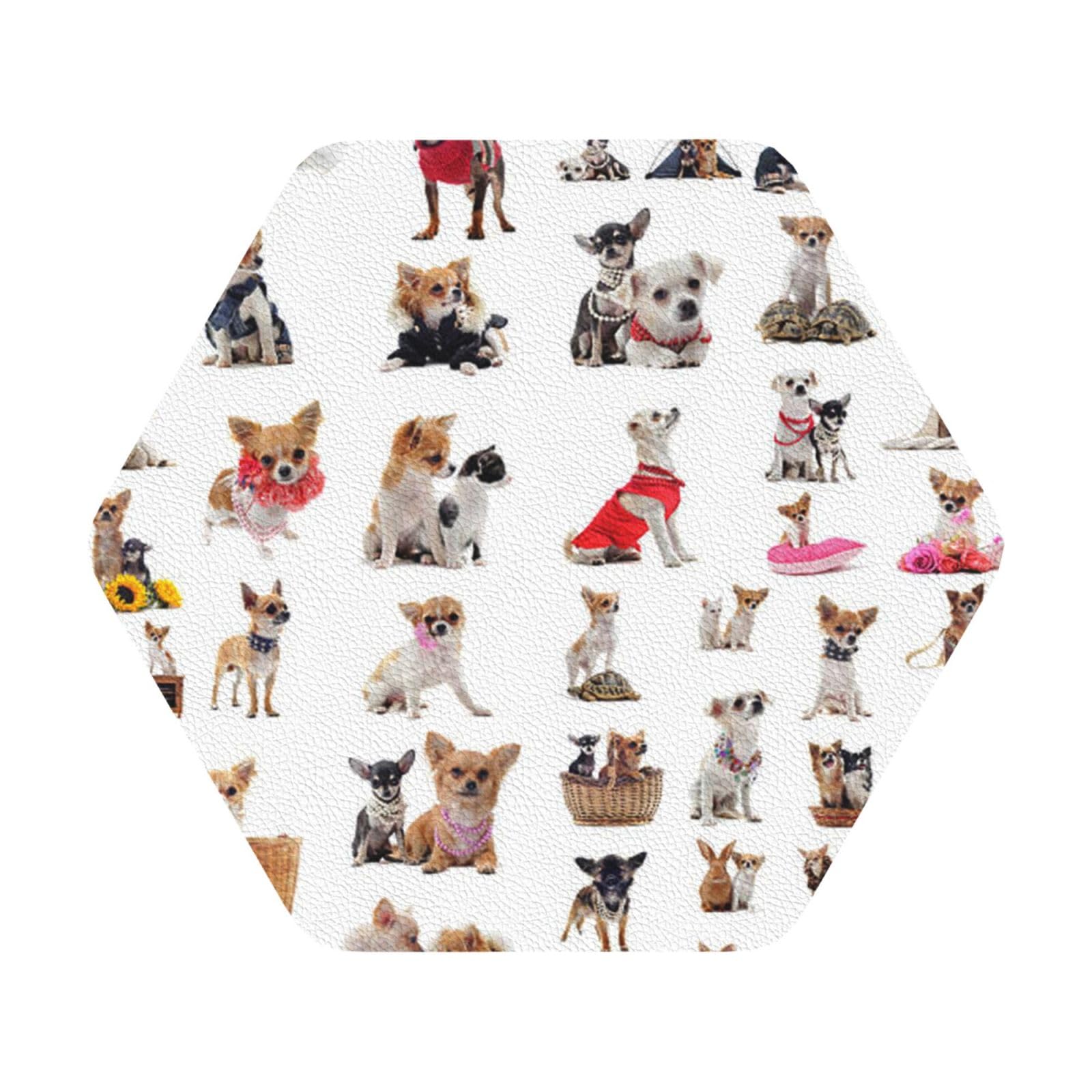 Cute Chihuahua Pug Pattern PU Leather Coasters Set of 6 Hexagon Drink Coasters