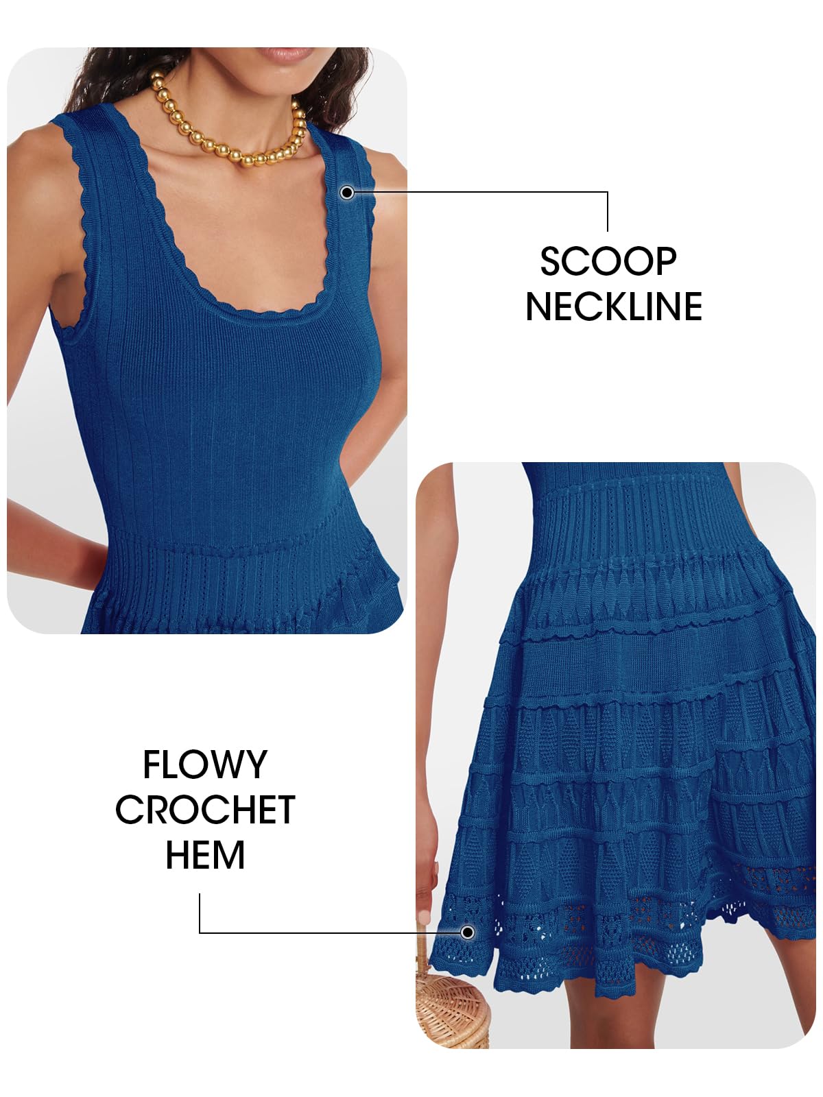 Wenrine Minivestido de verano para mujer, sin mangas, de punto, cuello redondo, casual, dobladillo de ganchillo, delgado, lindo vestido sin mangas
