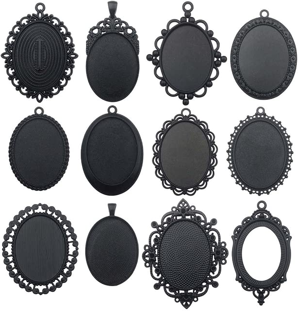 Youdiyla 10pcs 30x40mm Black Pendant Trays, Blank Glass Cabochons Dome Base Setting Bezel Frame Cameo Metal Alloy Charms for Jewelry Making DIY Findings (HM117)