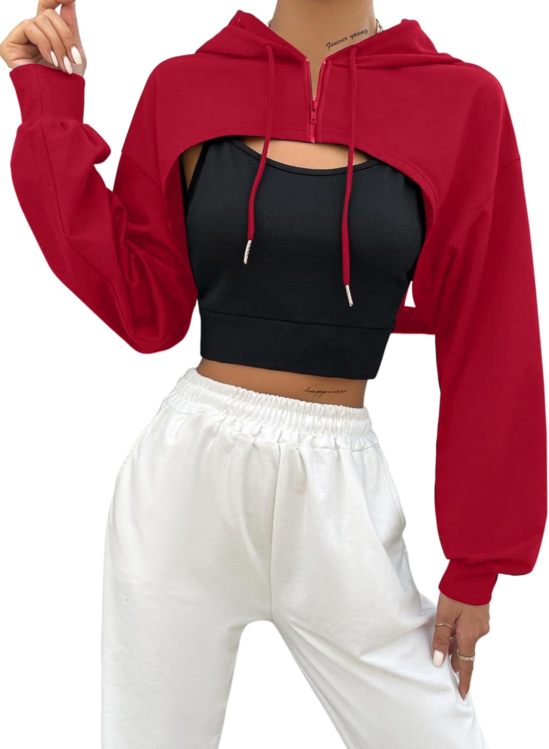 Hilinker Women's Zip Up Long Sleeve Cropped Hoodie Workout Drawstring Super Crop Tops Red X-Large - Image 4